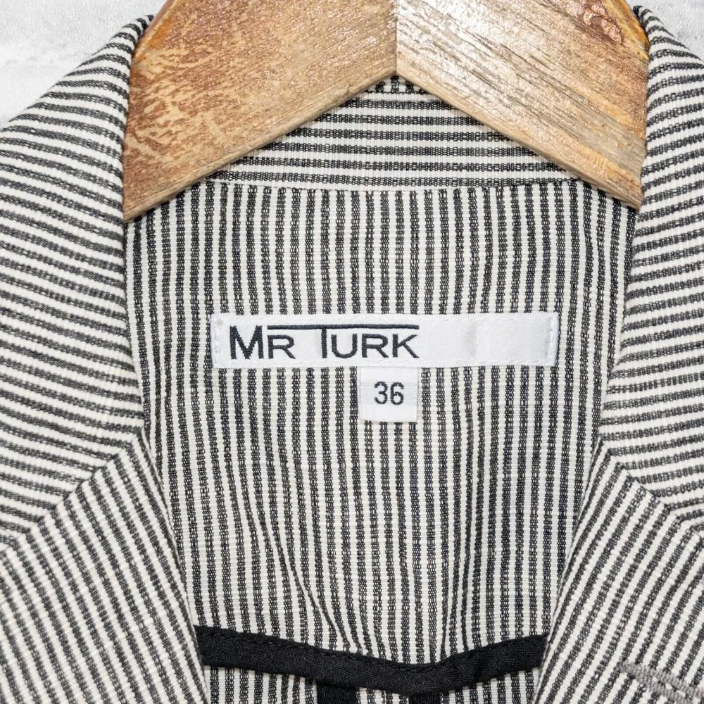 MR TURK Men's 2 button Blazer Jacket white gray striped Cotton size 36